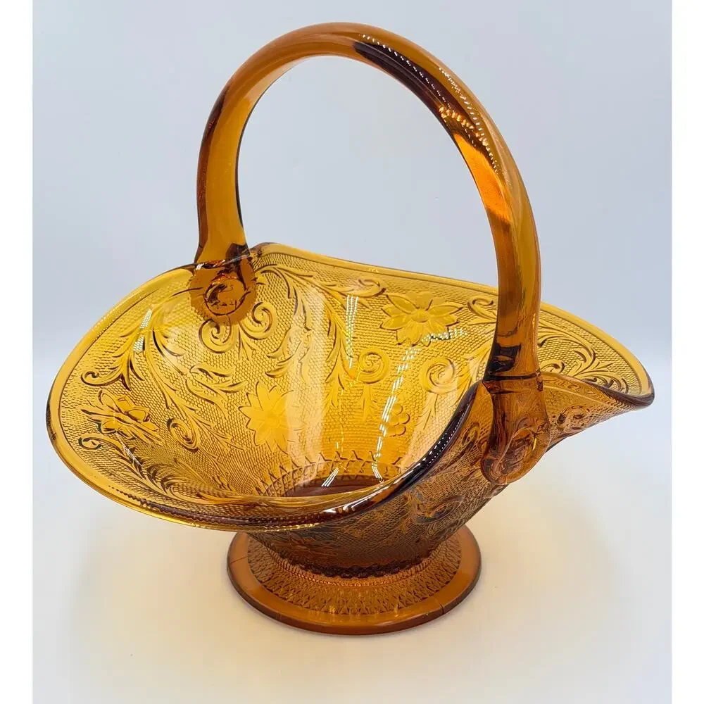 Brockway Indiana Glass Large Tiara Amber Sandwich Handled Basket Signed J.T.